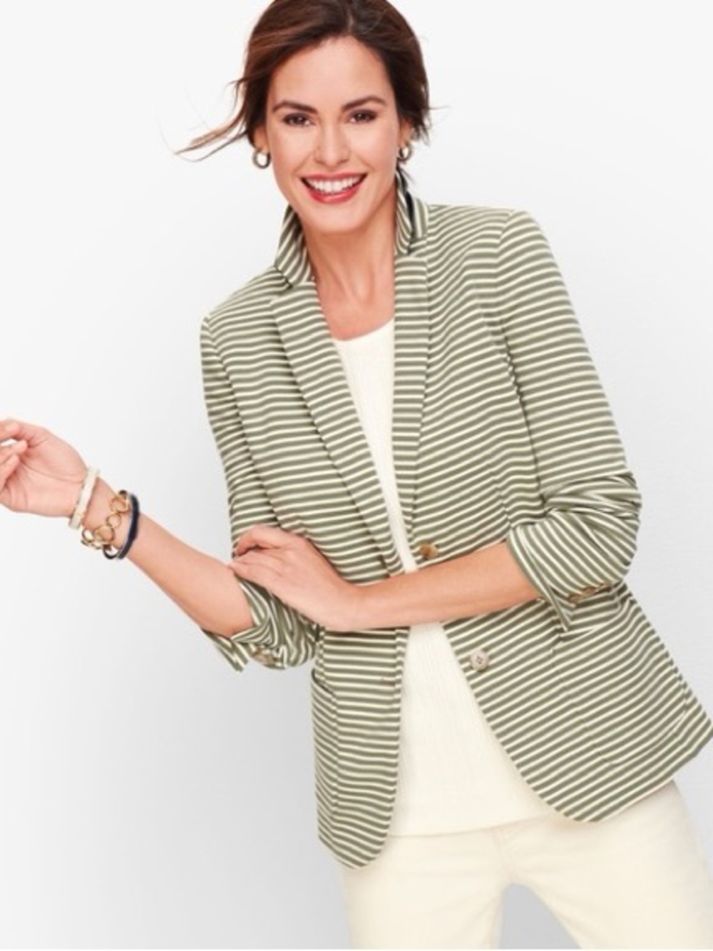 Talbots Aberdeen Knit Blazer Stripe Piqué Size 14 Green White Cotton Jacket